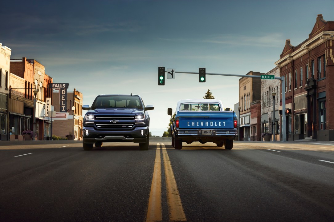 2018 Centennial Edition Silverado alongside a 1972 Chevy C10. To
